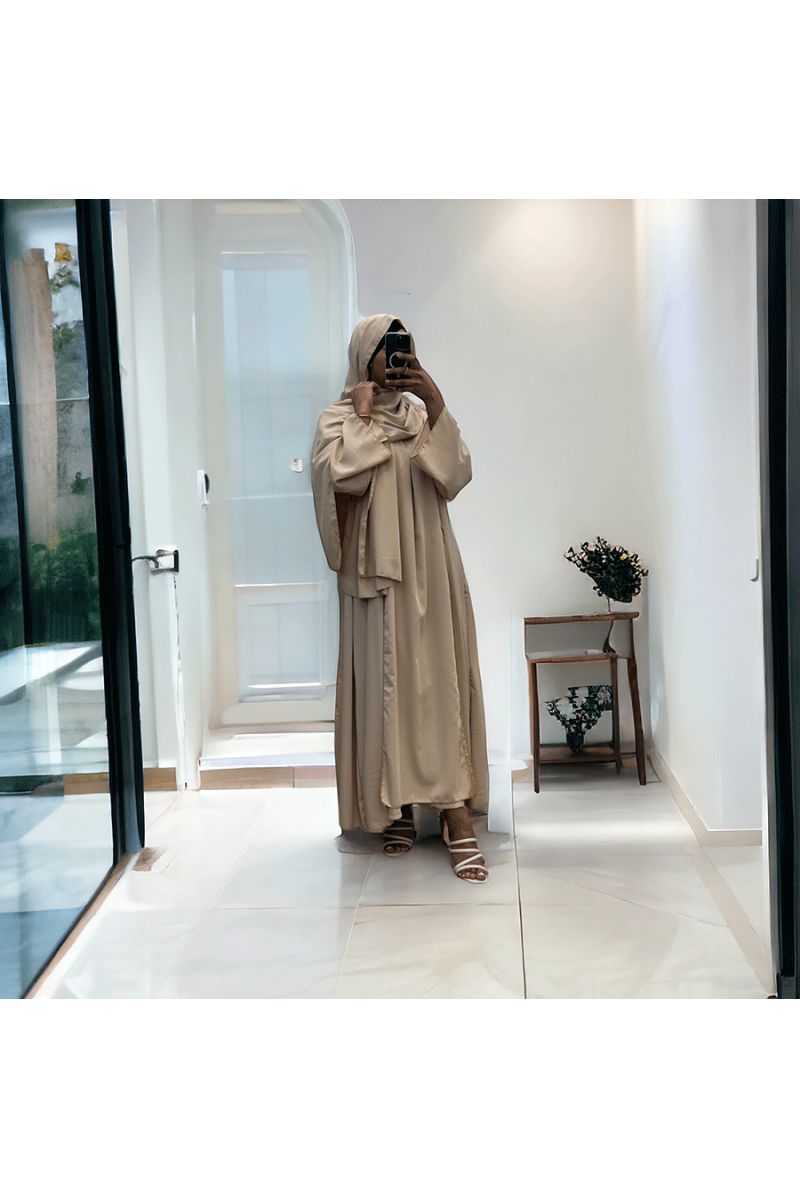 Robe abaya couleur beige deux pièces avec foulard  - 3