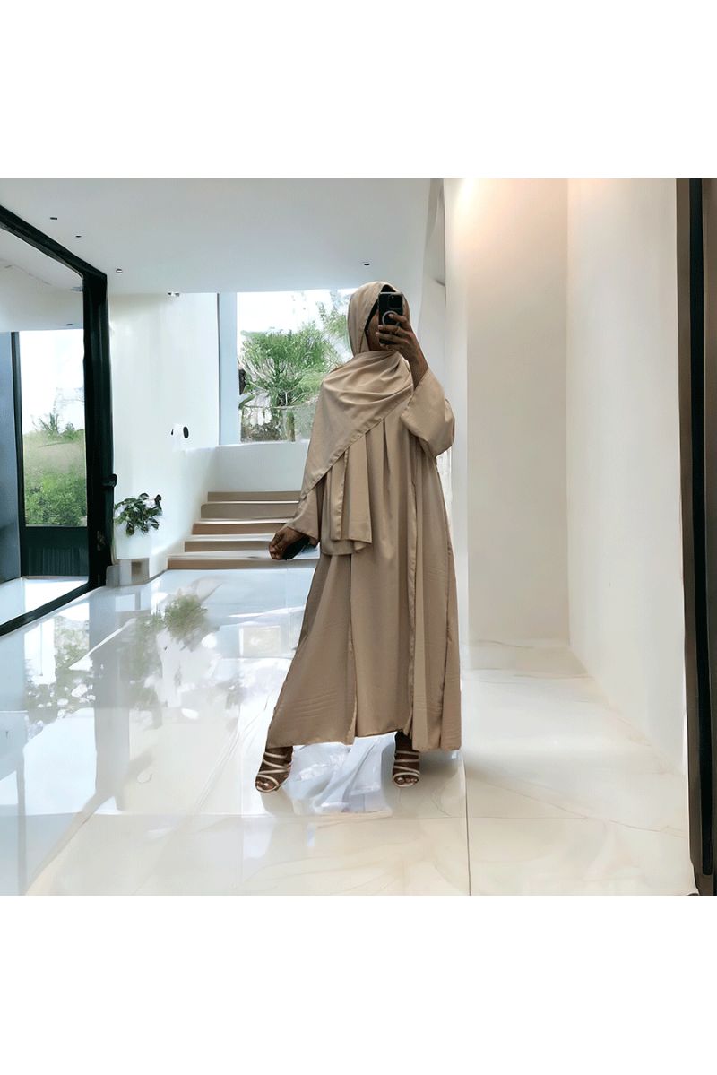 Robe abaya couleur beige deux pièces avec foulard  - 4