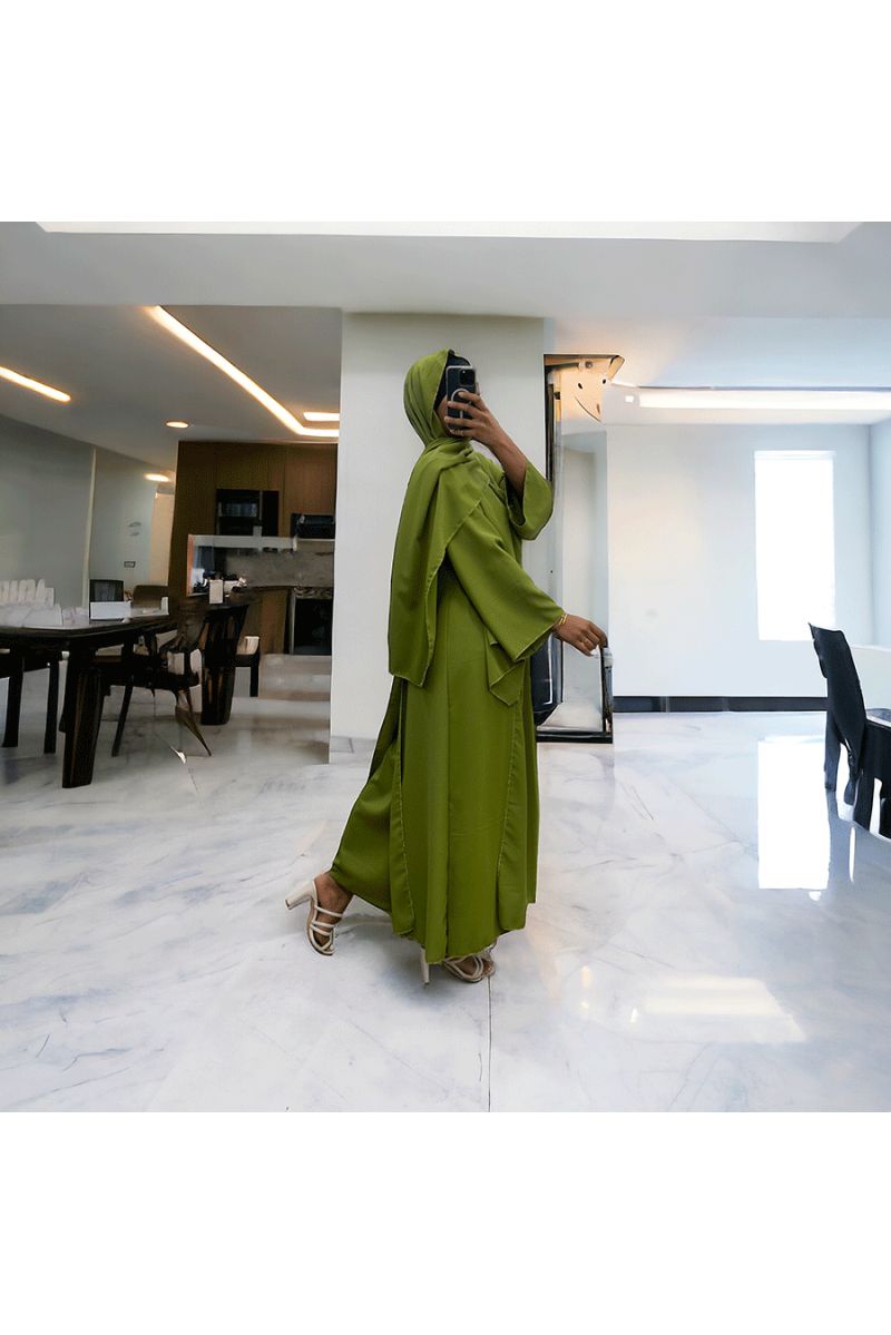 Robe abaya couleur pistache deux pièces avec foulard  - 2