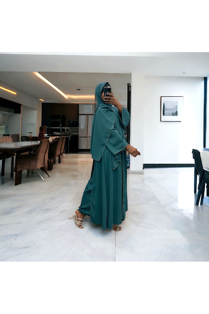 Robe abaya couleur vert canard deux pièces avec foulard  - 2