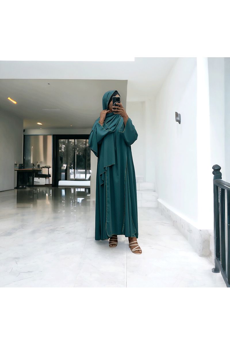 Robe abaya couleur vert canard deux pièces avec foulard  - 3