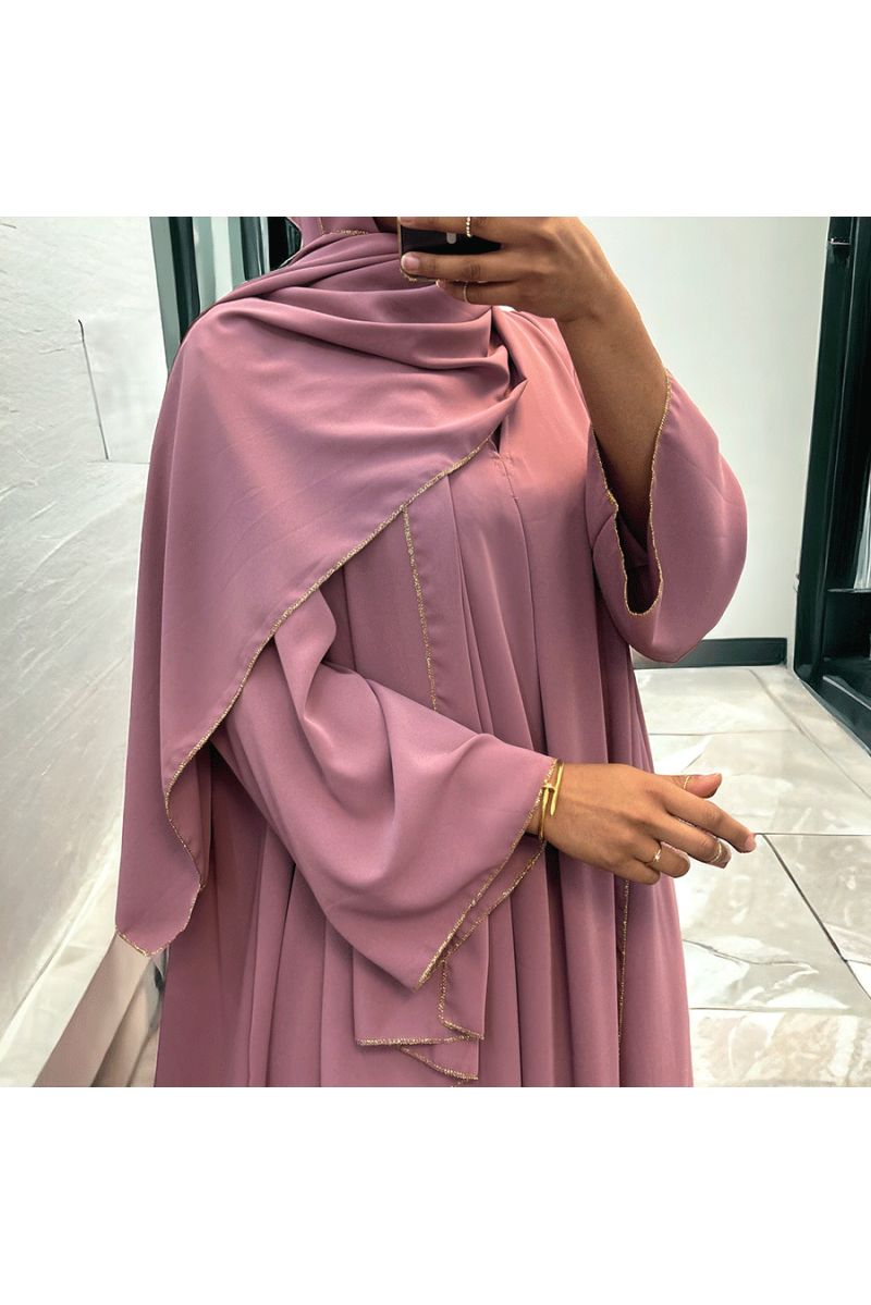 Robe abaya couleur rose foncé deux pièces avec foulard  - 1