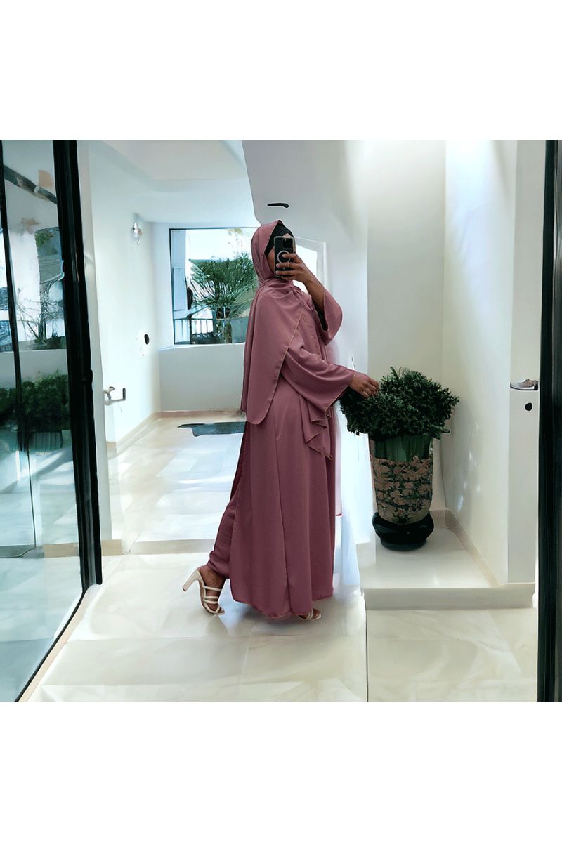 Robe abaya couleur rose foncé deux pièces avec foulard  - 2