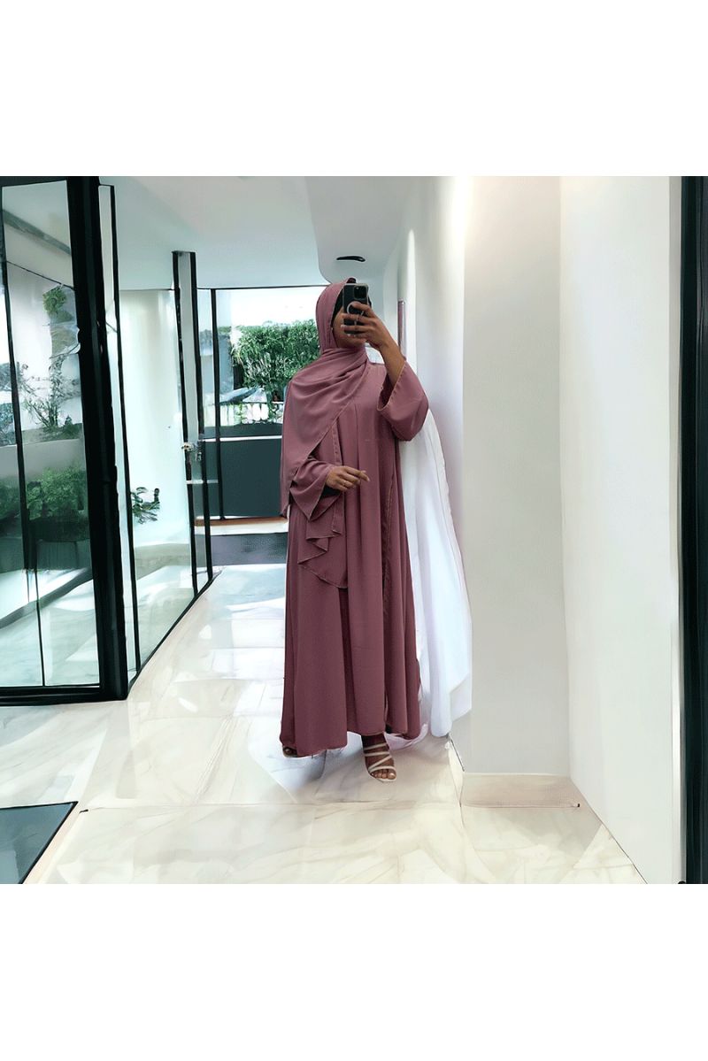 Robe abaya couleur rose foncé deux pièces avec foulard  - 3