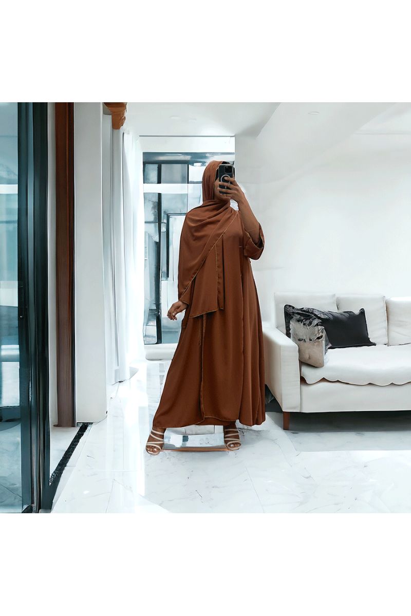 Robe abaya couleur choco deux pièces avec foulard  - 4