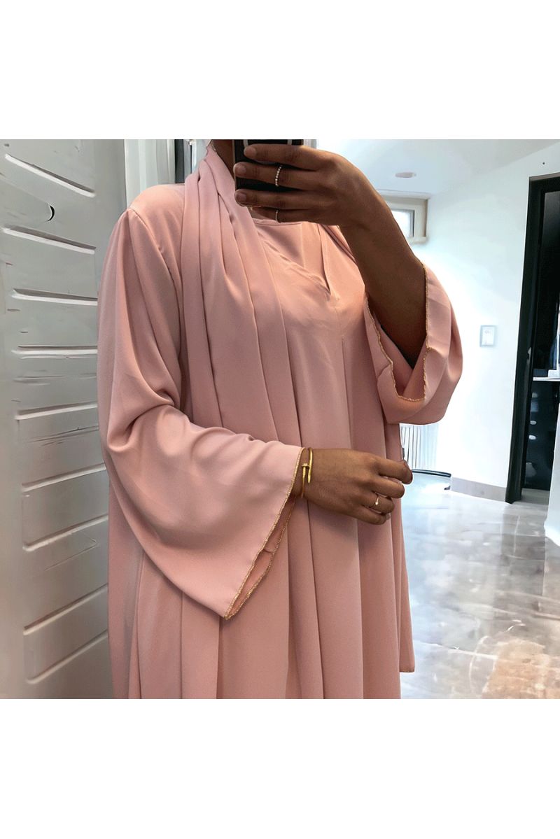 Robe abaya couleur rose deux pièces avec foulard  - 1
