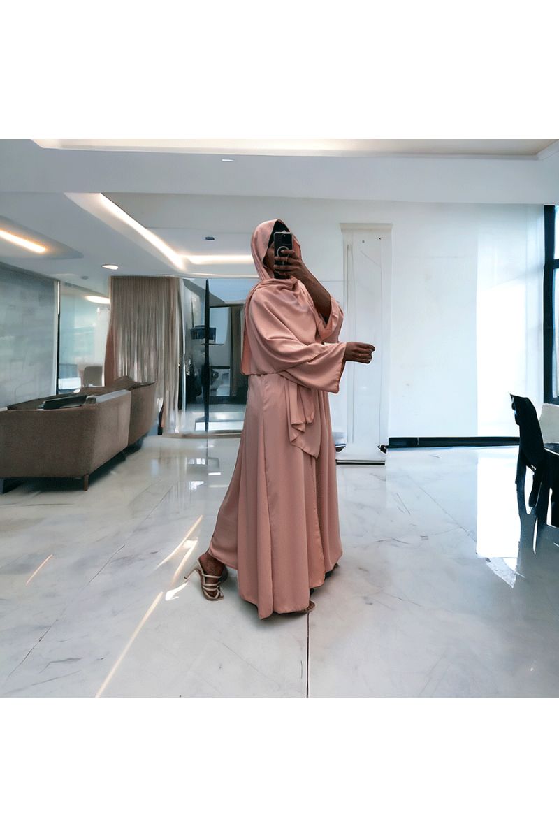 Robe abaya couleur rose deux pièces avec foulard  - 2