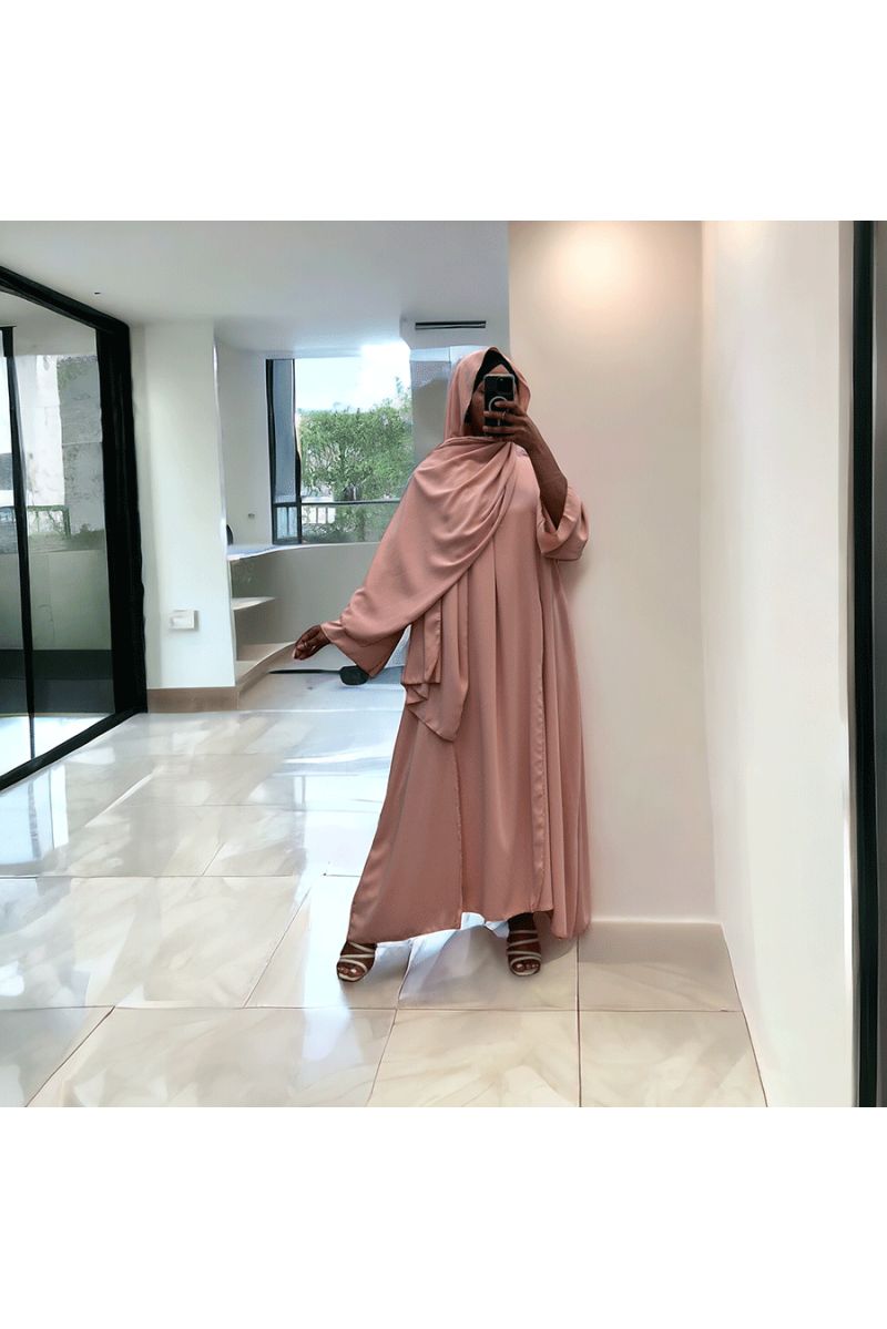 Robe abaya couleur rose deux pièces avec foulard  - 3