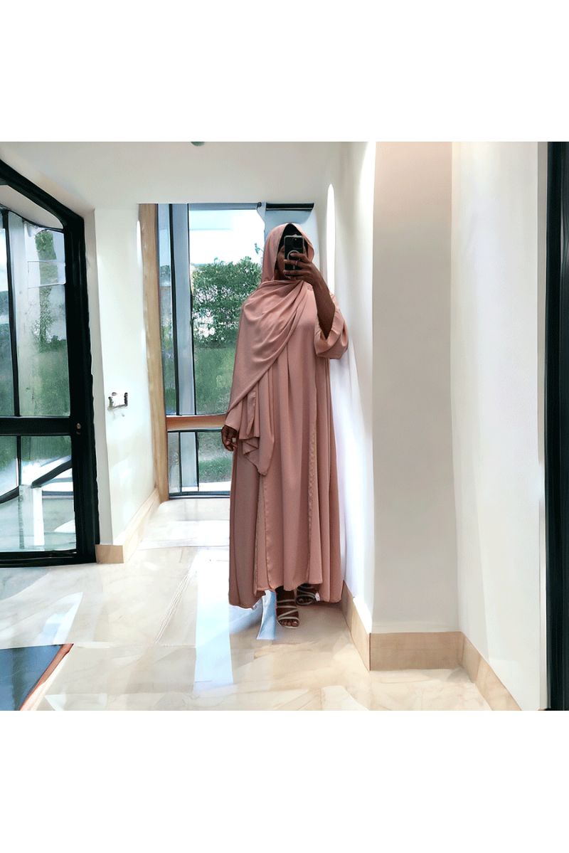 Robe abaya couleur rose deux pièces avec foulard  - 4
