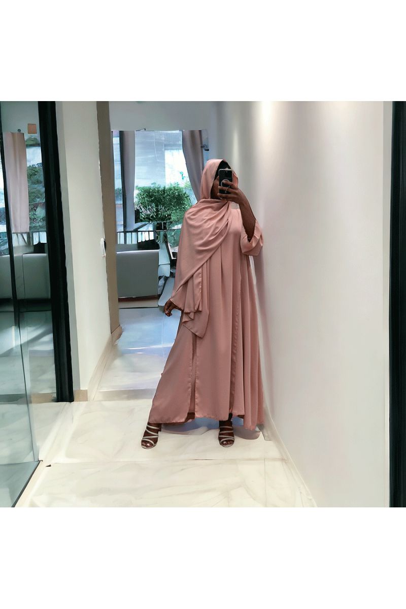 Robe abaya couleur rose deux pièces avec foulard  - 6