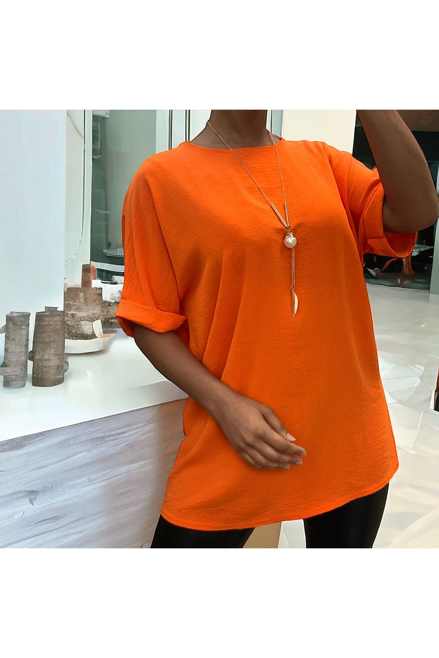Orange over size tunic with necklace - 1