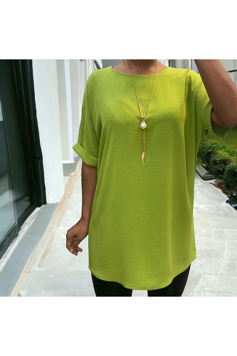Anise green over size tunic with necklace - 2