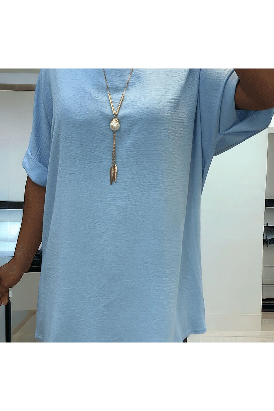 Sky blue over size tunic with necklace - 2