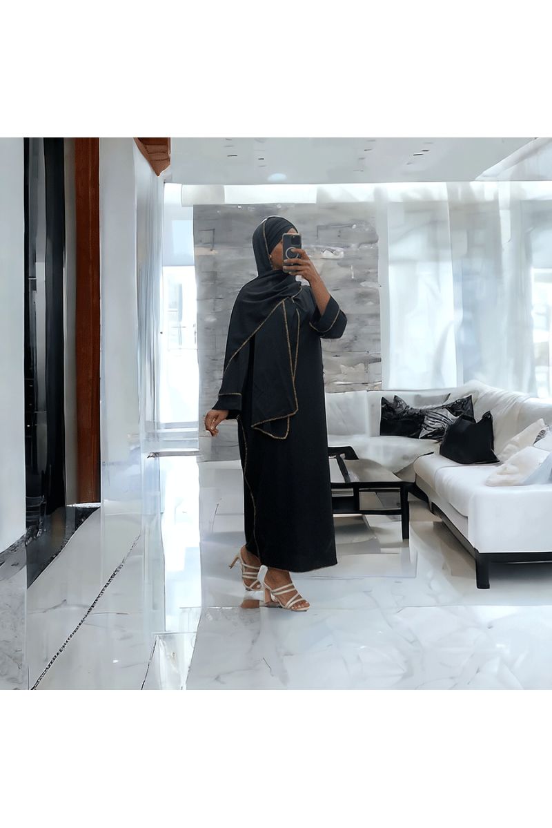 Robe abaya couleur noir en soie de medine avec foulard  intégré  - 1