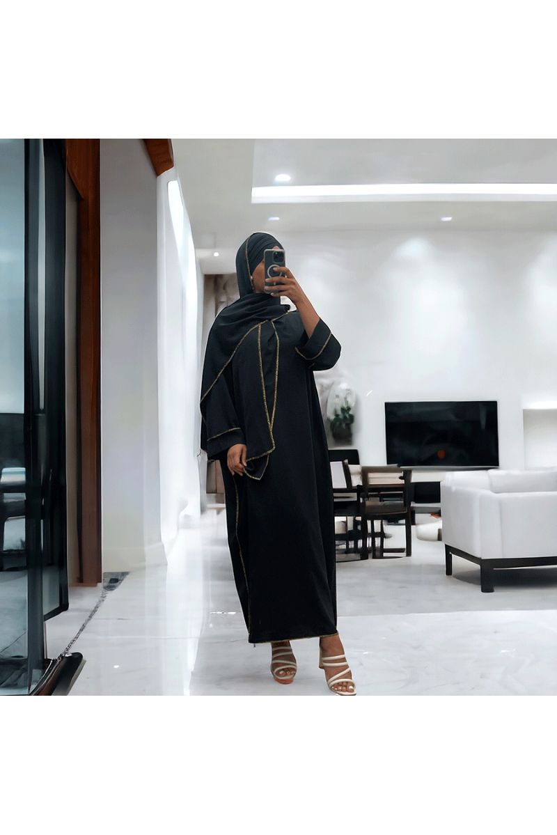 Robe abaya couleur noir en soie de medine avec foulard  intégré  - 2