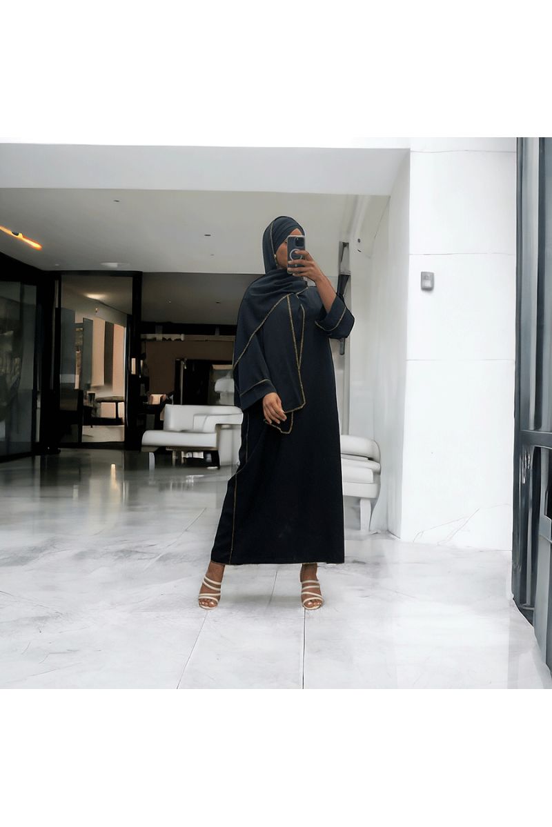 Robe abaya couleur noir en soie de medine avec foulard  intégré  - 3