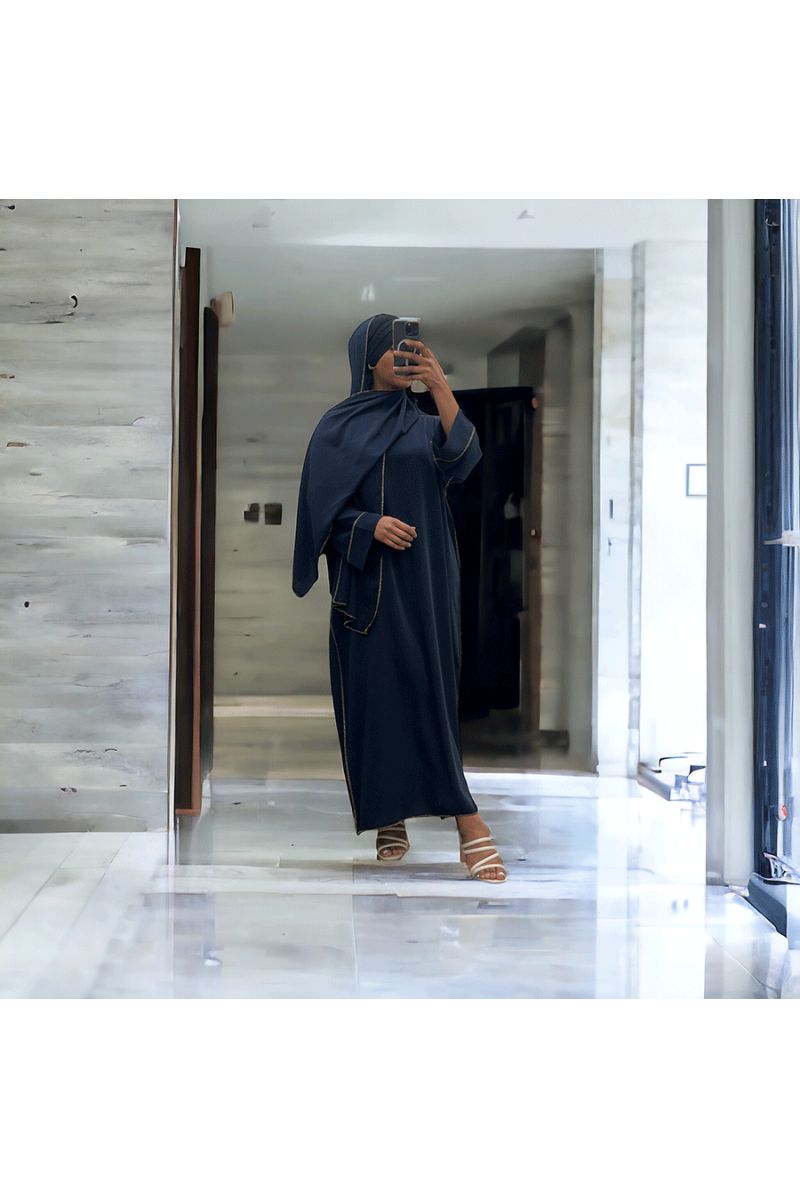 Robe abaya couleur marine en soie de medine avec foulard  intégré  - 1