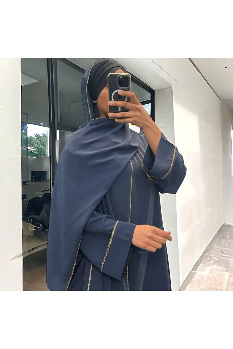 Robe abaya couleur marine en soie de medine avec foulard  intégré  - 3