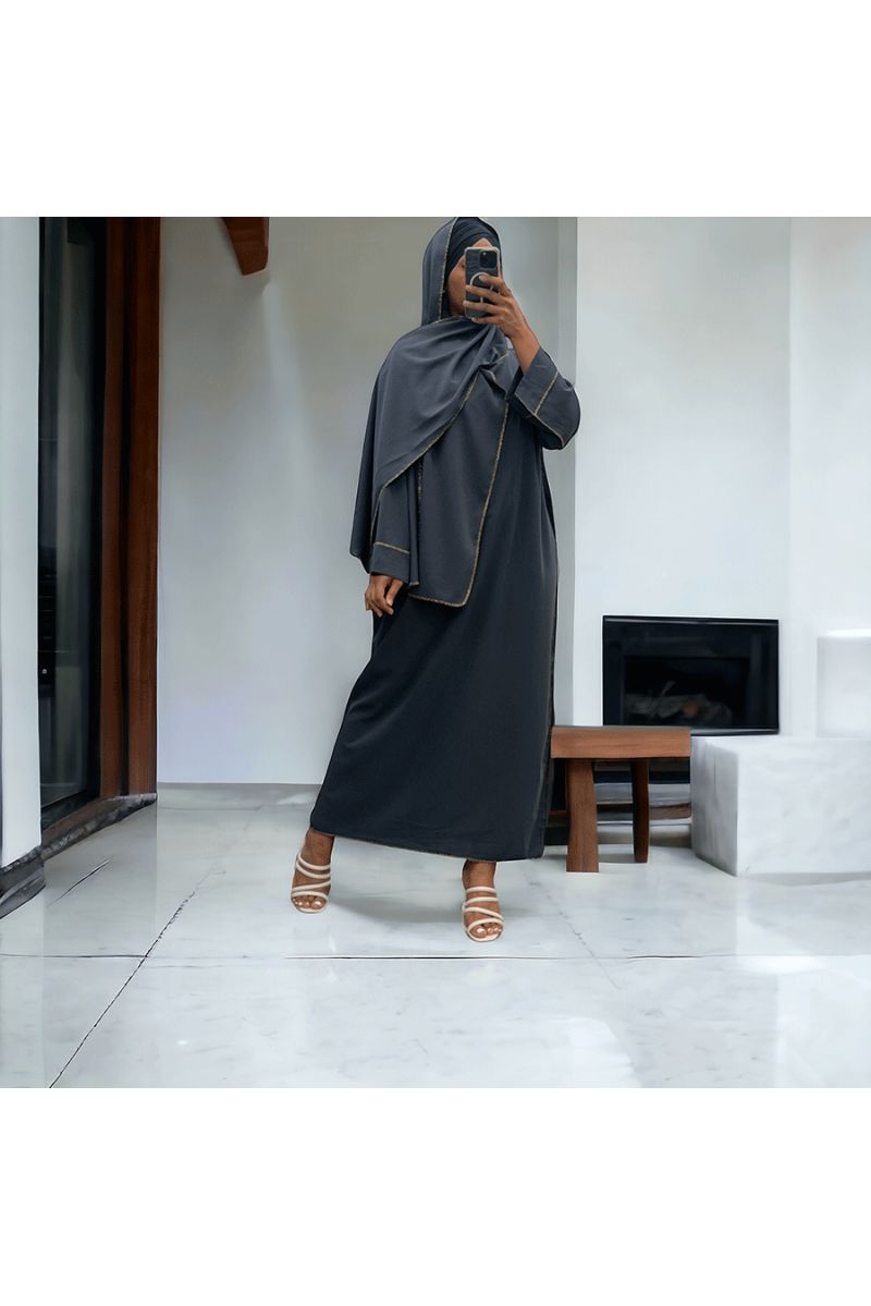 Robe abaya couleur anthracite en soie de medine avec foulard  intégré  - 3