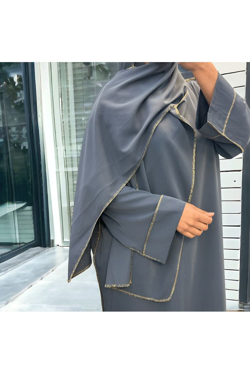 Robe abaya couleur anthracite en soie de medine avec foulard  intégré  - 4