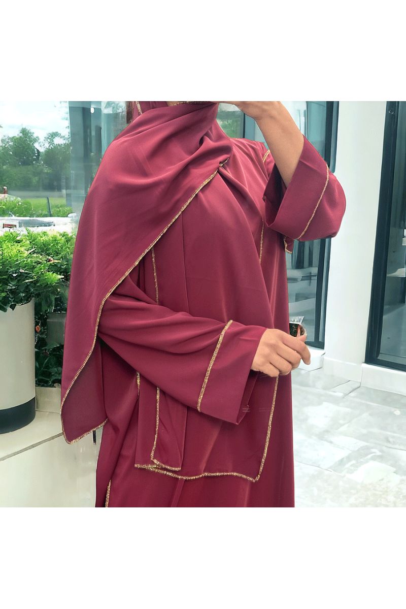 Robe abaya couleur bordeaux en soie de medine avec foulard  intégré  - 4