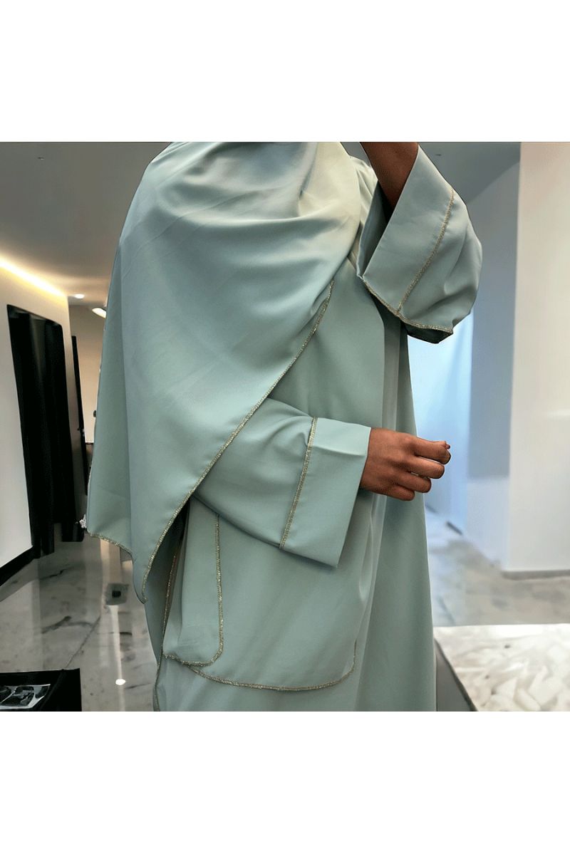 Robe abaya couleur vert d'eau en soie de medine avec foulard  intégré  - 5