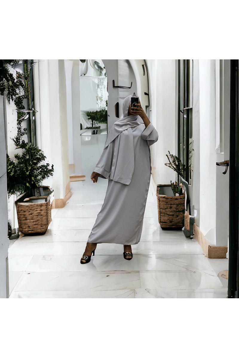 Robe abaya couleur gris clair en soie de medine avec foulard  intégré  - 4