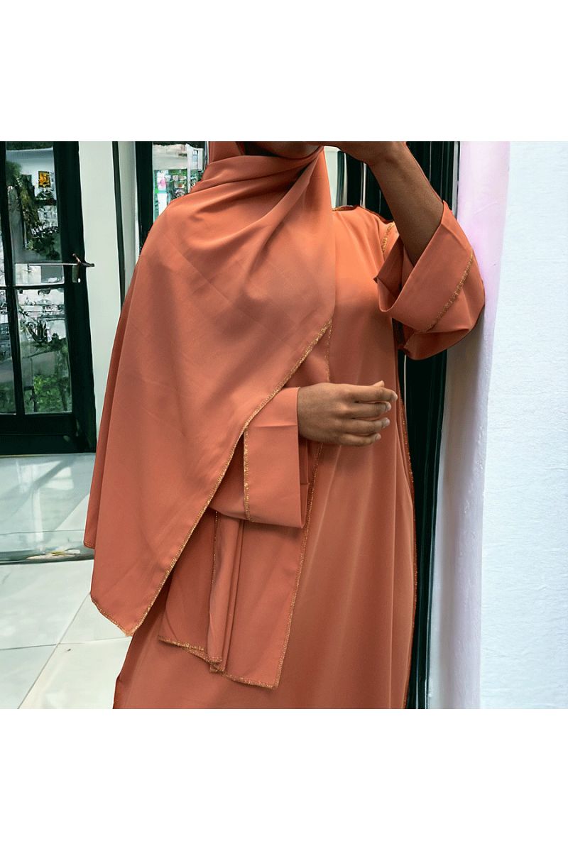Robe abaya couleur saumon en soie de medine avec foulard  intégré  - 1