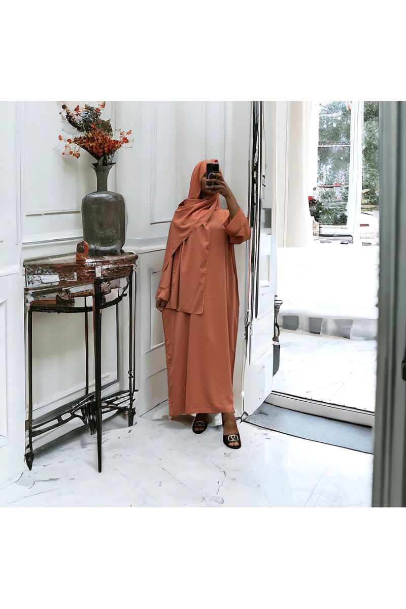 Robe abaya couleur saumon en soie de medine avec foulard  intégré  - 3