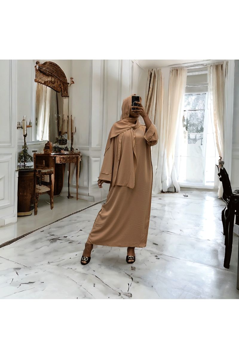 Robe abaya couleur camel en soie de medine avec foulard  intégré  - 2
