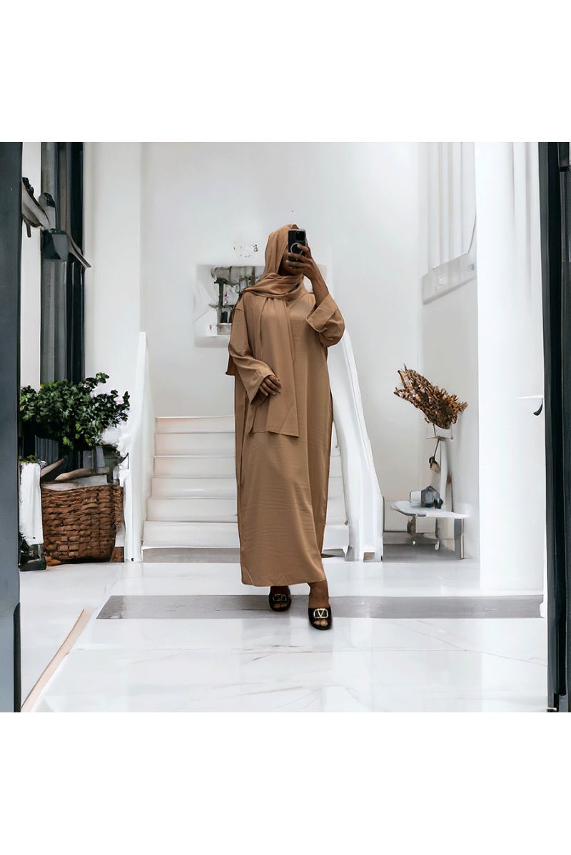 Robe abaya couleur camel en soie de medine avec foulard  intégré  - 3