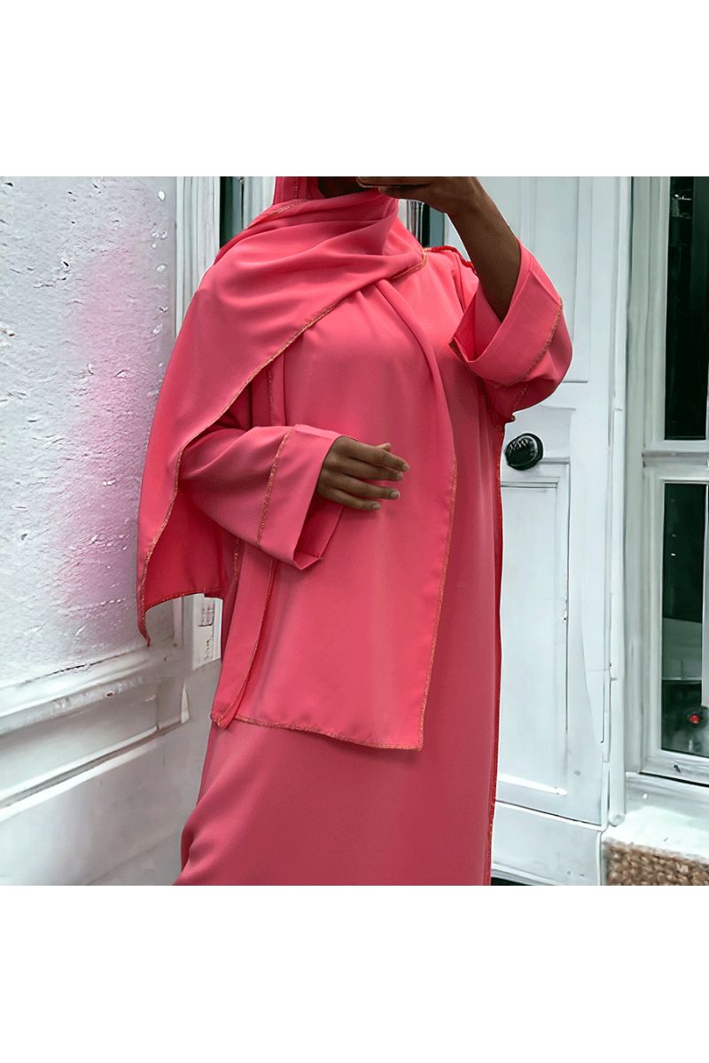Robe abaya couleur rose bonbon en soie de medine avec foulard  intégré  - 1