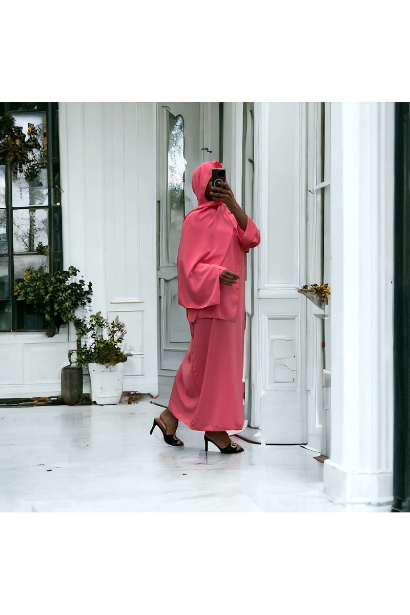 Robe abaya couleur rose bonbon en soie de medine avec foulard  intégré  - 2