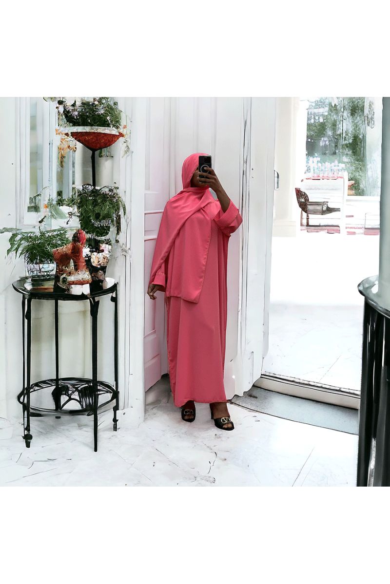 Robe abaya couleur rose bonbon en soie de medine avec foulard  intégré  - 3