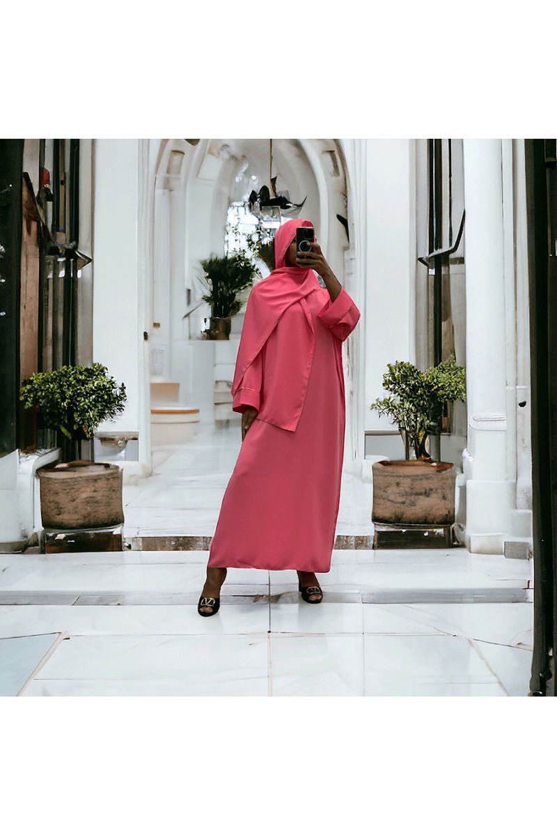 Robe abaya couleur rose bonbon en soie de medine avec foulard  intégré  - 4