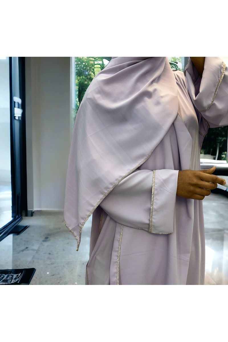 Robe abaya couleur lilas en soie de medine avec foulard  intégré  - 1