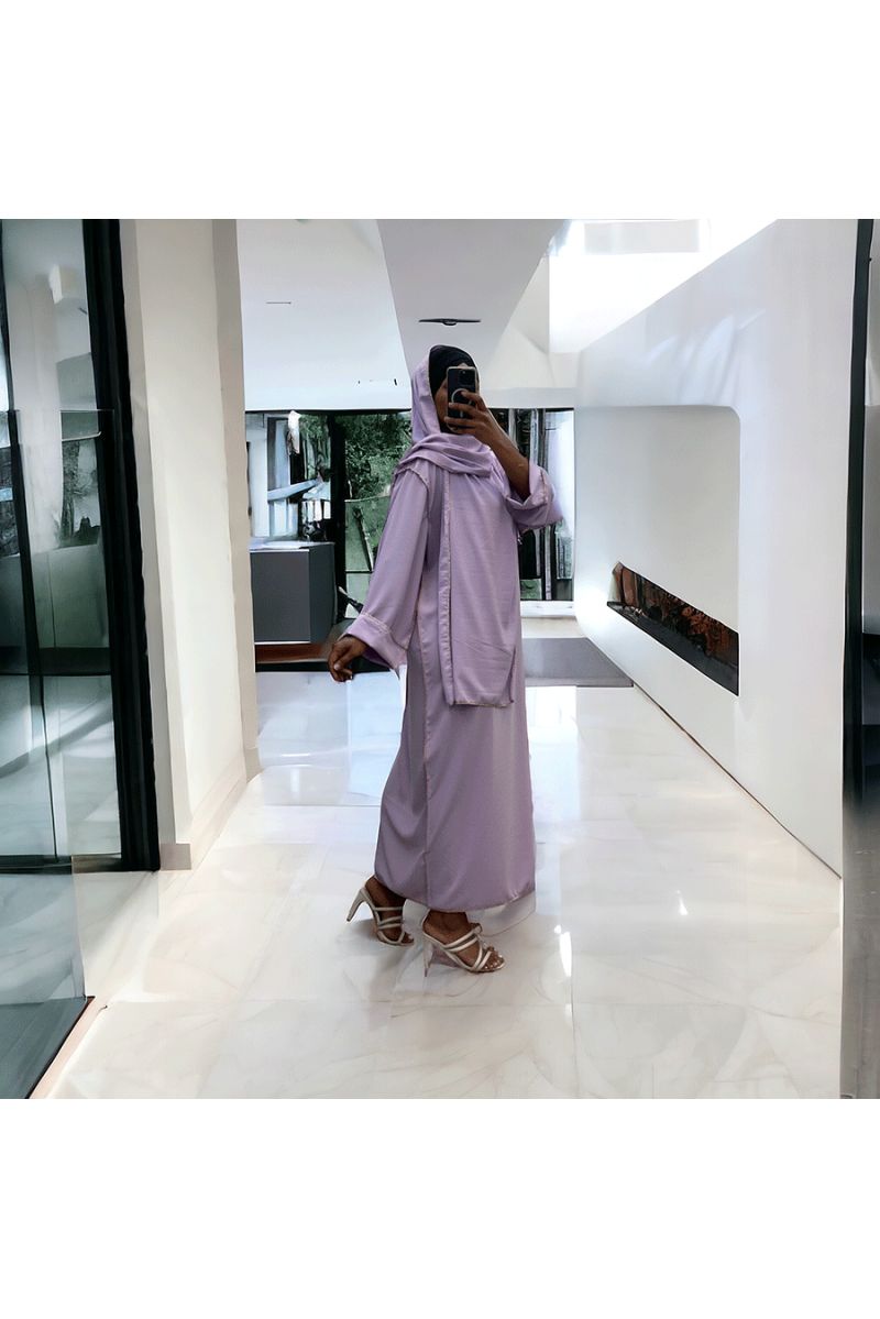 Robe abaya couleur lilas en soie de medine avec foulard  intégré  - 2