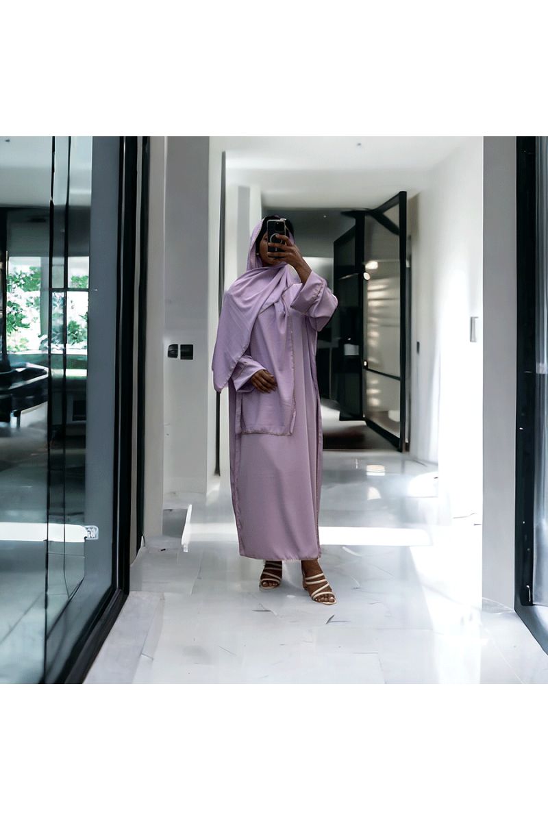 Robe abaya couleur lilas en soie de medine avec foulard  intégré  - 3