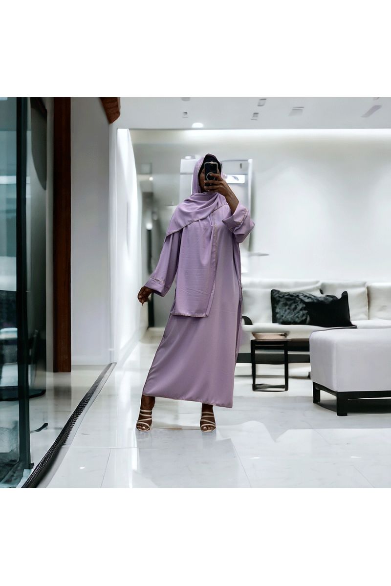 Robe abaya couleur lilas en soie de medine avec foulard  intégré  - 4