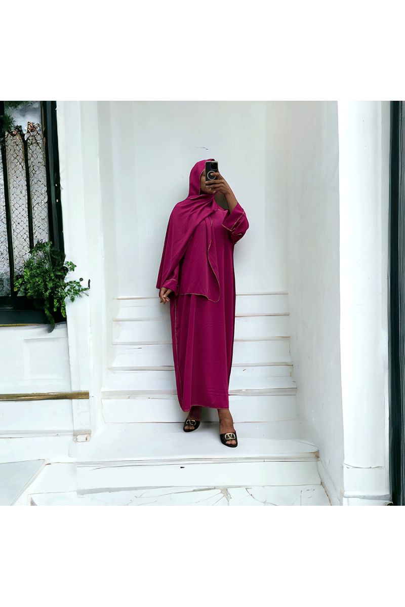 Robe abaya couleur fuchsia en soie de medine avec foulard  intégré  - 3