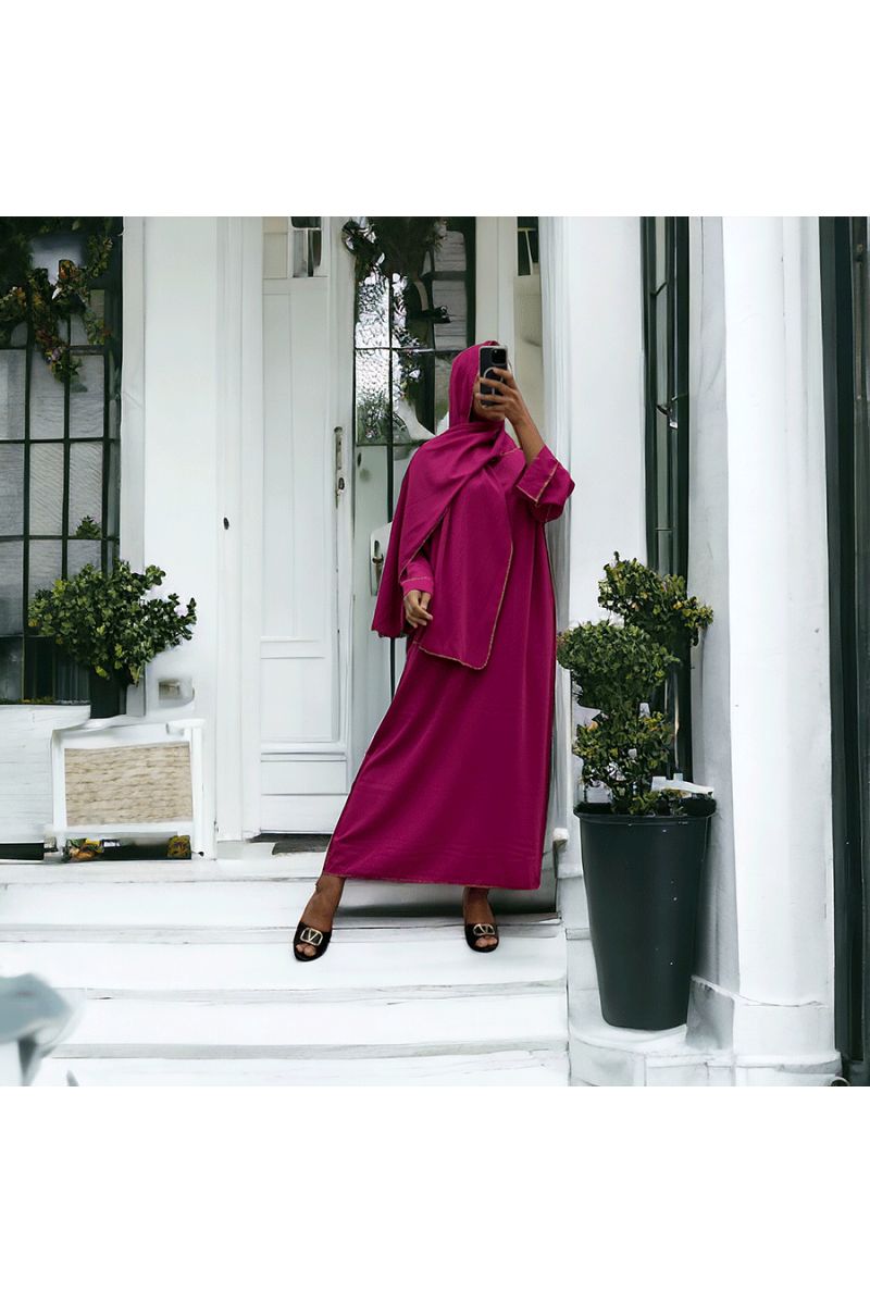Robe abaya couleur fuchsia en soie de medine avec foulard  intégré  - 4