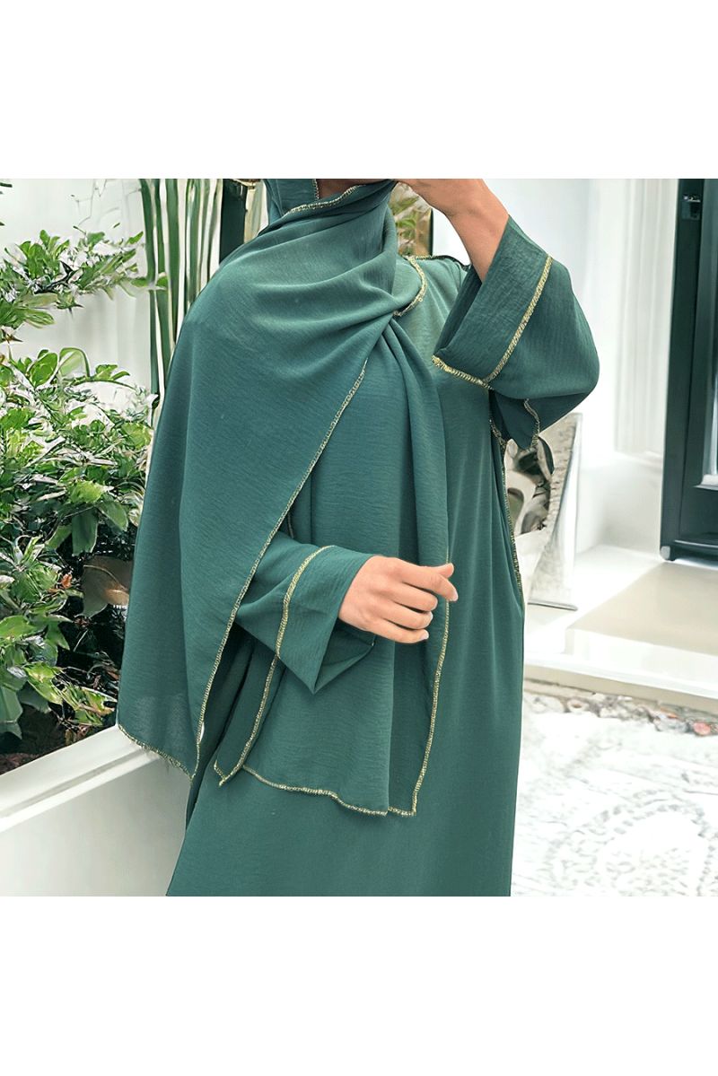 Robe abaya couleur vert sapin avec foulard  intégré  - 1