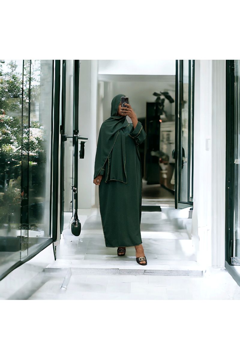 Robe abaya couleur vert sapin avec foulard  intégré  - 2