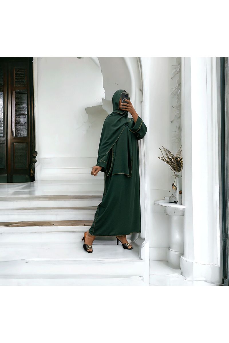 Robe abaya couleur vert sapin avec foulard  intégré  - 3