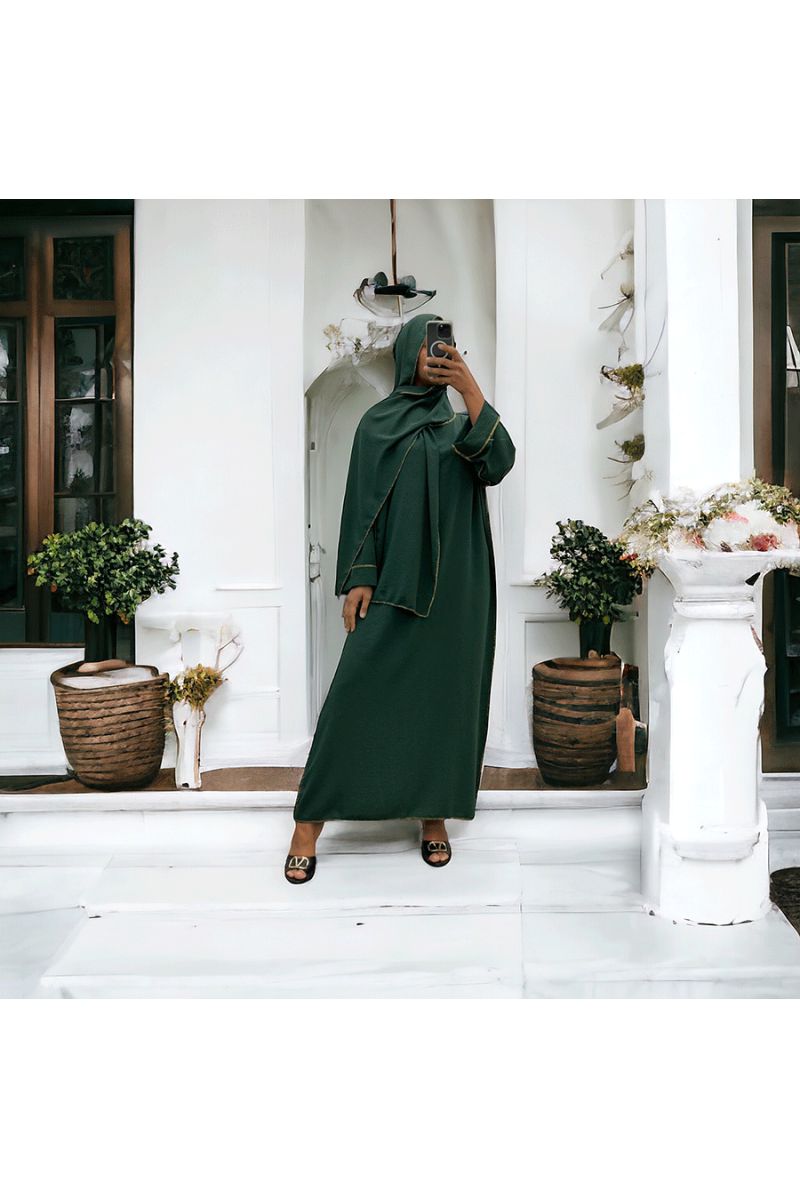 Robe abaya couleur vert sapin avec foulard  intégré  - 4