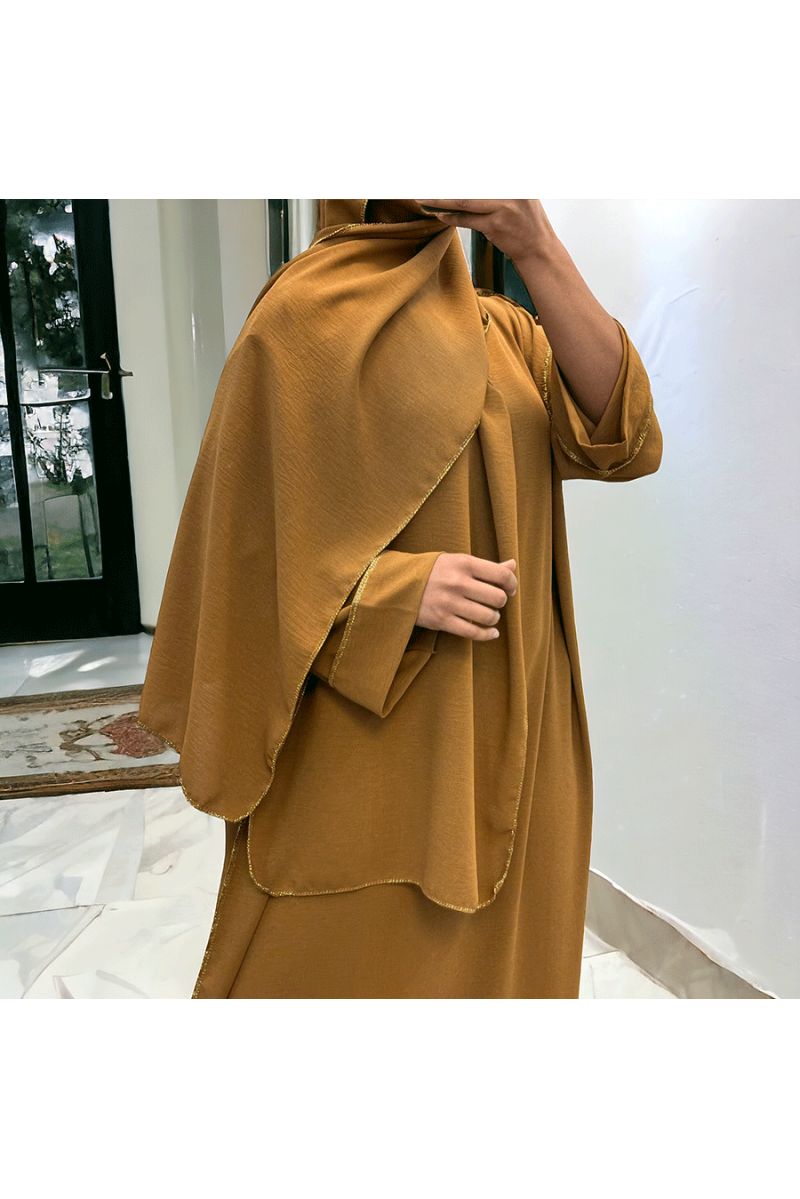 Robe abaya couleur camel foncé avec foulard  intégré  - 1