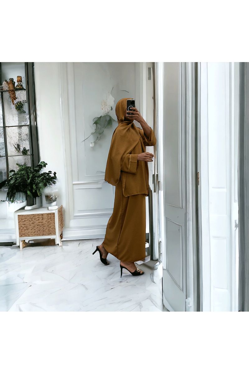 Robe abaya couleur camel foncé avec foulard  intégré  - 2