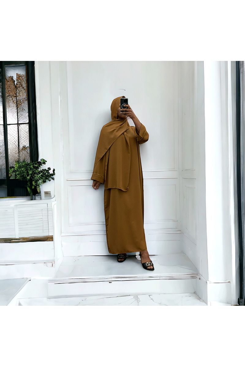 Robe abaya couleur camel foncé avec foulard  intégré  - 3