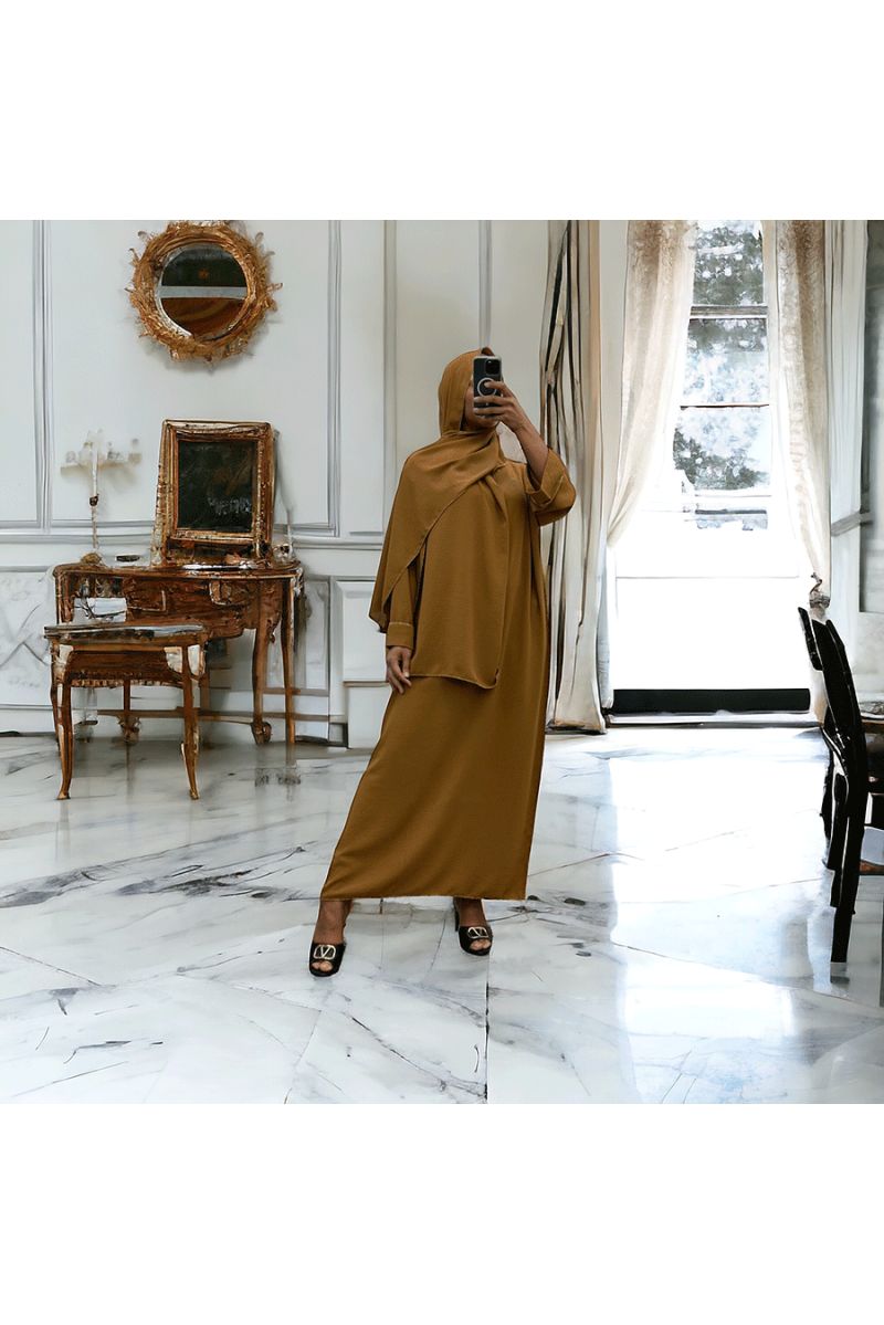 Robe abaya couleur camel foncé avec foulard  intégré  - 4