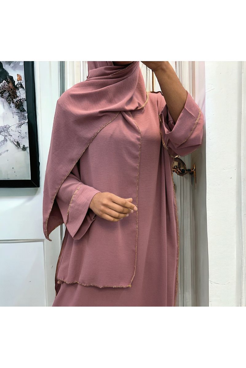 Robe abaya couleur rose poudré avec foulard  intégré  - 1